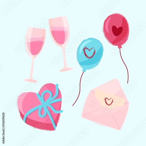 Set of elements for valentine's day. Heart shaped candy box, champagne glasses, balloons, love letter
