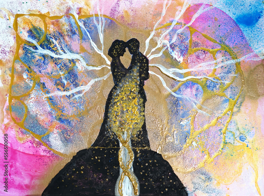 Artistic painting two people man and woman, golden three of love