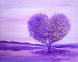 Artistic painting big violet tree, purple landscape. Fog mountains. Picture contains interesting idea, evokes emotions, aesthetic pleasure. Canvas stretched, cardboard, oil natural paints. Concept art