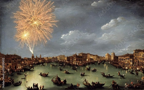 painting of a city during new year fire work in rococo painting style, generative ai