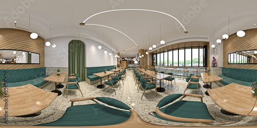 360 degrees view of cafe restaurant interior, 3d rendering