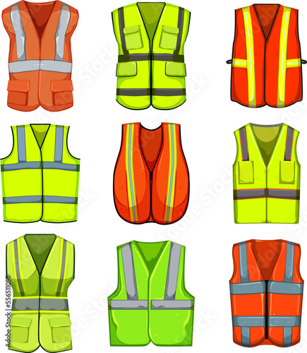 safe vest set cartoon. safety jacket, reflective uniform, security clothing, worker front, waistcoat safe vest vector illustration