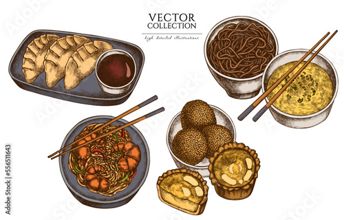 Asian food vintage illustrations collection. Hand drawn logo designs with jiaozi, jian dui, egg tart, noodles with shrimp, egg soup, noodles bowl.