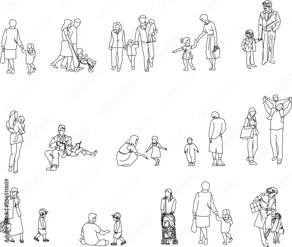 collection of vector illustration sketches of parents with children on white background collection of vector illustration sketches of parents with children on white background