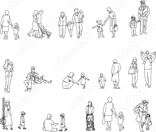 collection of vector illustration sketches of parents with children on white background