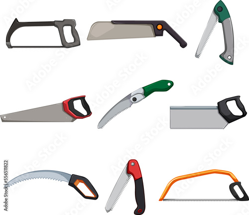 saw hand set cartoon. equipment blade, carpentry construction, tool industry, wood handle, metal saw hand vector illustration