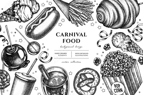 Carnival food hand drawn illustration design. Background with sketch french fries, pretzel, popcorn, lemonade, hot dog, mulled wine, caramel apple, cotton candy, ice cream cones, lollipop, ribbons.