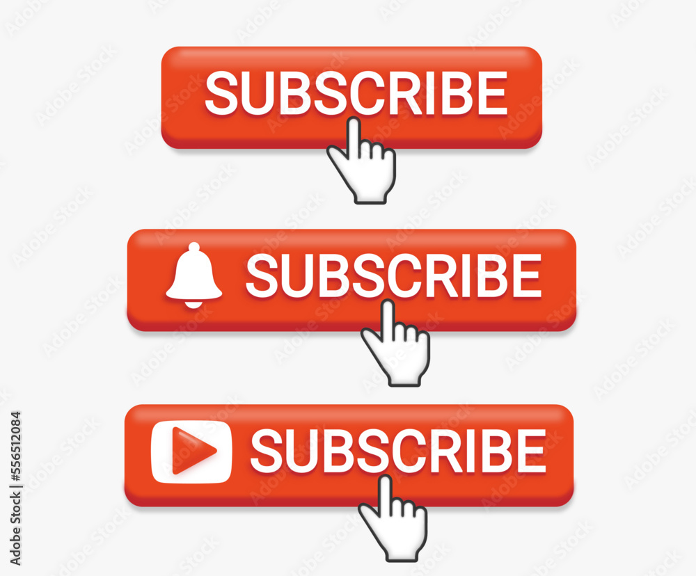subsricbe bell button and hand cursor, red button video stream play subscribe banner to channel, blogging, marketing white background vector illustration subsricbe bell button and hand cursor, red button video stream play subscribe banner to channel, blogging, marketing white background vector illustration