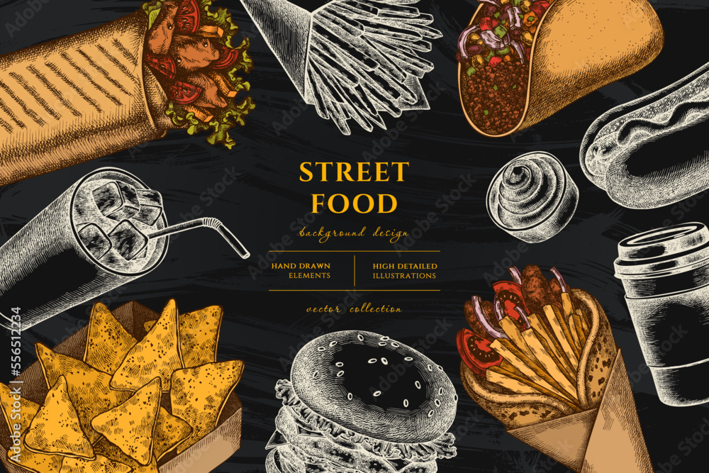 Street food hand drawn illustration design. Background with vintage