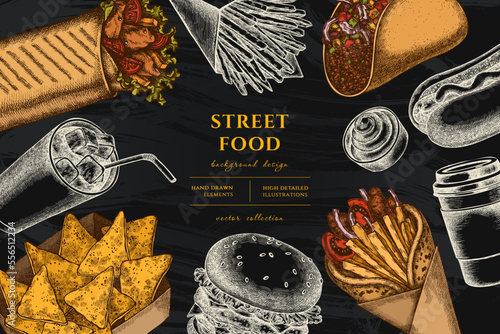 Street food hand drawn illustration design. Background with vintage sauces, nachos, soda, gyros, burger, taco, shawarma, french fries, hot dog, paper cup.