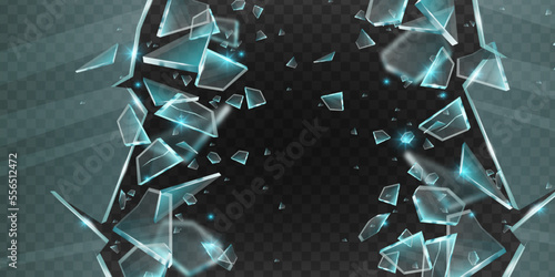 Broken glass vector shatter explosion, sharp ice fragments 3D splinters on transparent background. Danger flying crystal piece, destroy windshield smithereens concept. Broken glass realistic clipart