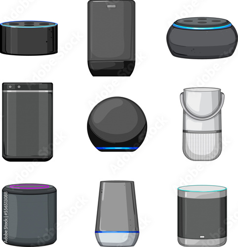 smart speaker set cartoon. technology voice, assistant device, music control, internet home, ai smart speaker vector illustration