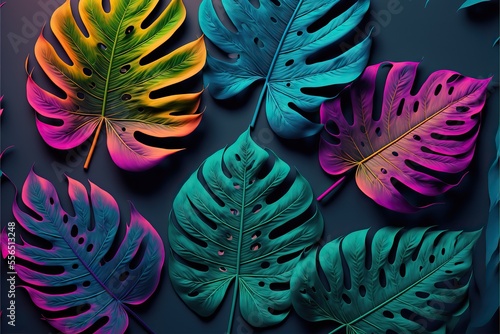 Nature concept with fluorescent tropical leaves. Flat lay. Generative ai. 