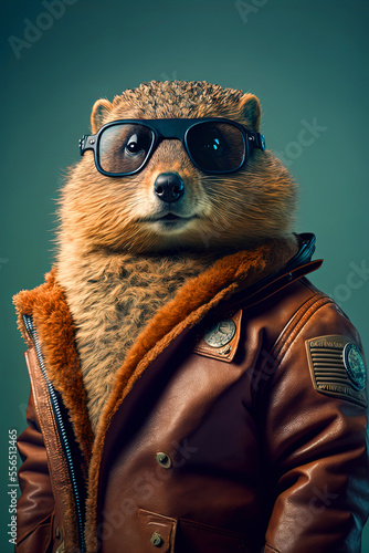 Groundhog Who s Not Afraid to Make a Statement  a Cool and Trendy Rodent Who Rocks a Leather Jacket and Sunglasses with Flair.