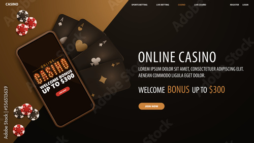 Online casino, black and gold banner with smartphone with offer, playing cards and poker chips, top view