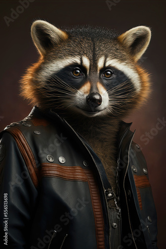 Cool and Confident Raccoon in a Sharp Black Leather Jacket.