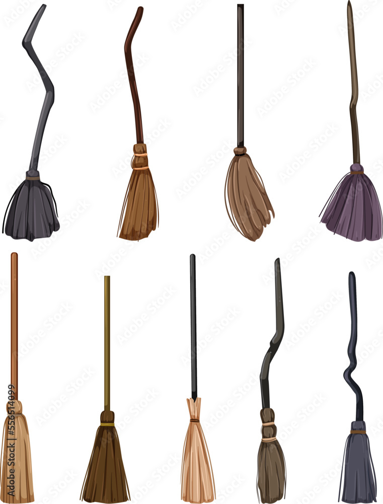 Naklejka premium witch broom set cartoon. magic old, handle tool, besom traditional, horror holiday, wizard witch broom vector illustration