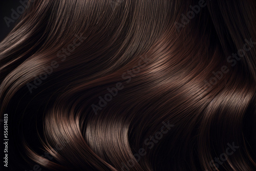 Beautiful shiny dark brown hair texture closeup. Generative AI
