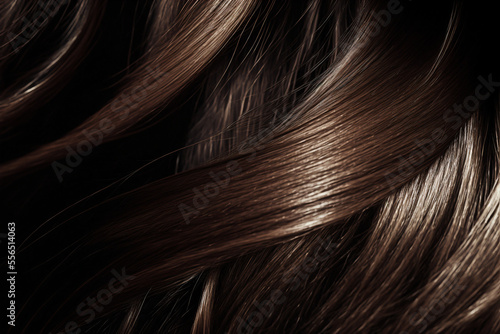 Beautiful shiny dark brown hair texture closeup. Generative AI