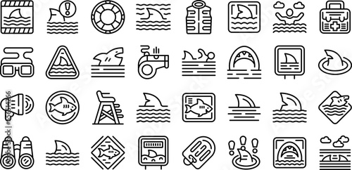 Beware the sharks icons set outline vector. Angry animal. Surf caution