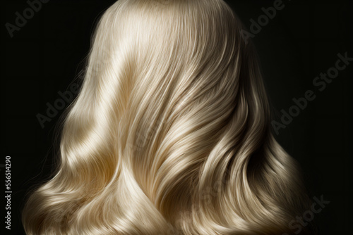 Beautiful shiny platinum blonde hair texture closeup, back view. Generative AI