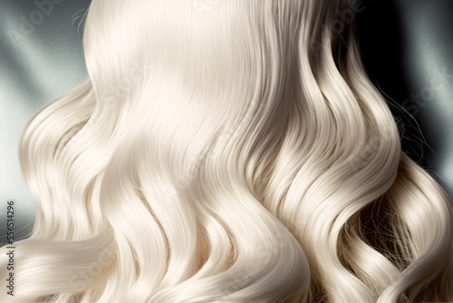 Beautiful shiny platinum blonde hair texture closeup, back view. Generative AI