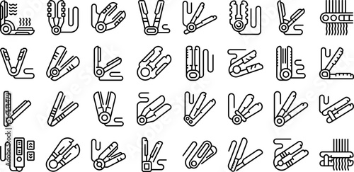 Hair straightener icons set outline vector. Salon iron. Hair styler