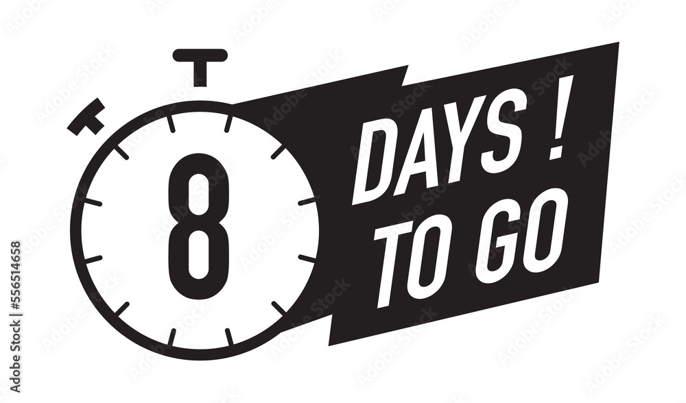 8 days to go timer vector symbol black color style isolated on white background. Clock, stopwatch, cooking time label. 10 eps 8 days to go timer vector symbol black color style isolated on white background. Clock, stopwatch, cooking time label. 10 eps