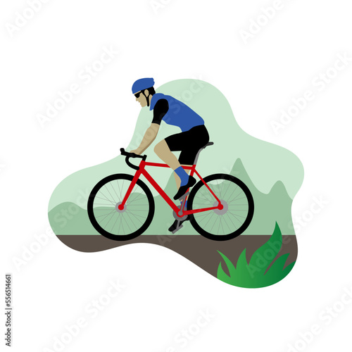 Fototapeta Naklejka Na Ścianę i Meble -  A man rides a bike. Mountain or city cycling. Adventure tourism travel concept of discovering, exploring, and observing nature. Biker culture concept. Relax in the park, exercise, and go to work.