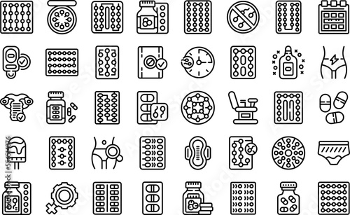 Female oral contraception icons set outline vector. Birth control. Oral pill