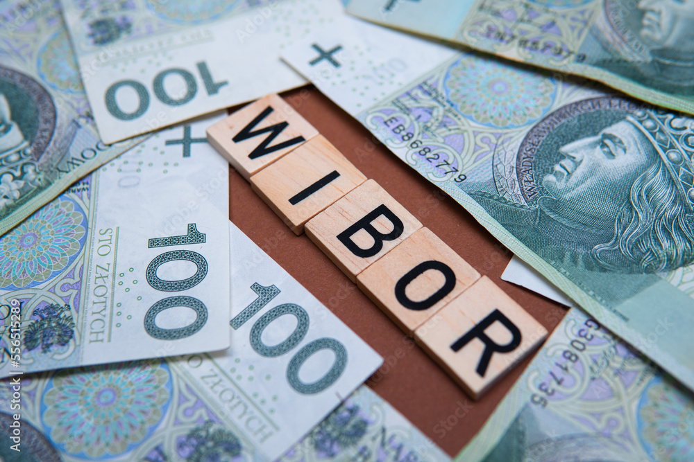 Inscription WIBOR next to polish money. WIBOR is Warsaw Interbank Offered Rate Inscription WIBOR next to polish money. WIBOR is Warsaw Interbank Offered Rate