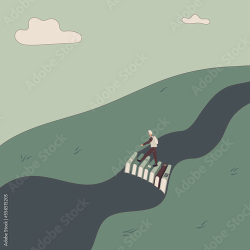 Concept: book is source of knowledge.Tiny man crosses river on bridge consisting of books. Book as aid in overcoming difficulties and obstacles in life.Hand-drawn raster