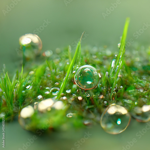 Juicy lush green grass on meadow with drops of water dew in morning.