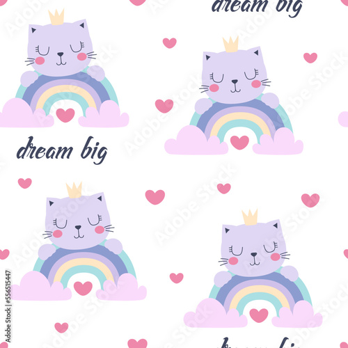 cute seamless pattern with cat and rainbow