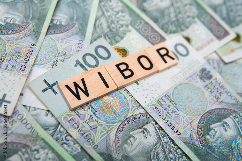 Inscription WIBOR next to polish money. WIBOR is Warsaw Interbank Offered Rate Inscription WIBOR next to polish money. WIBOR is Warsaw Interbank Offered Rate