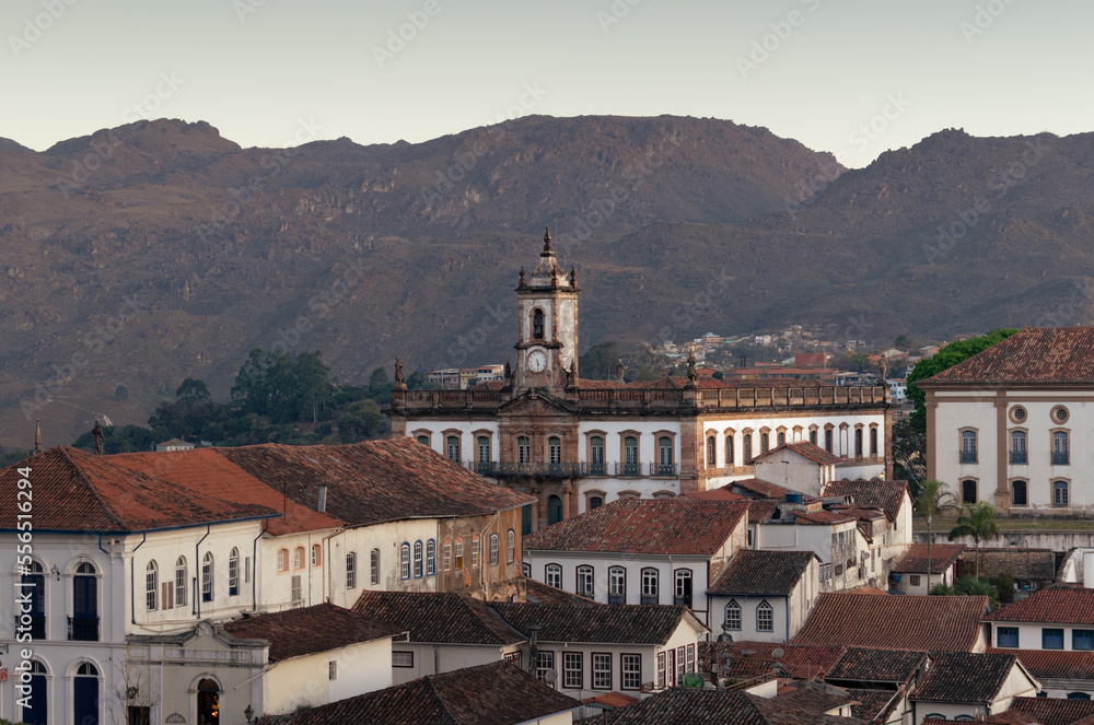 Panoramic view of the Tiradentes square, focusing the Museu of the Inconfidents, baroque colonial styled architecture in the historical city of Ouro Preto,Minas Gerais. On a bright sunny  day afernoon
