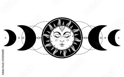Sun and Triple moon pagan Wicca moon goddess symbol. Three faced Goddess Maiden, Mother, Crone isolated vector illustration. Tattoo, astrology, alchemy, boho and magic symbol. Coloring book..