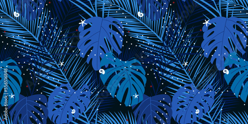 Vector seamless background with tropical leaves and shells on a dark blue background