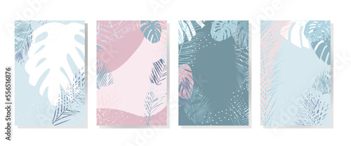 set of vector frames. Greeting card with tropical leaves on a light background
