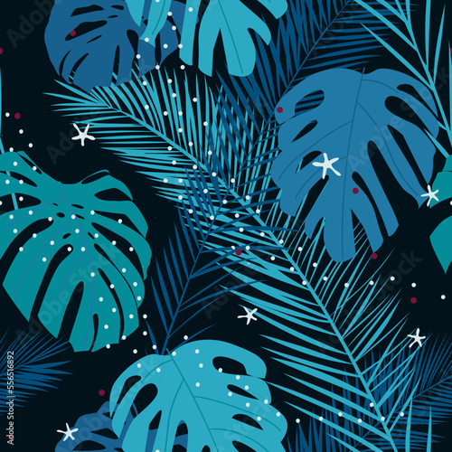Vector seamless pattern with tropical leaves, starfish on a dark blue background