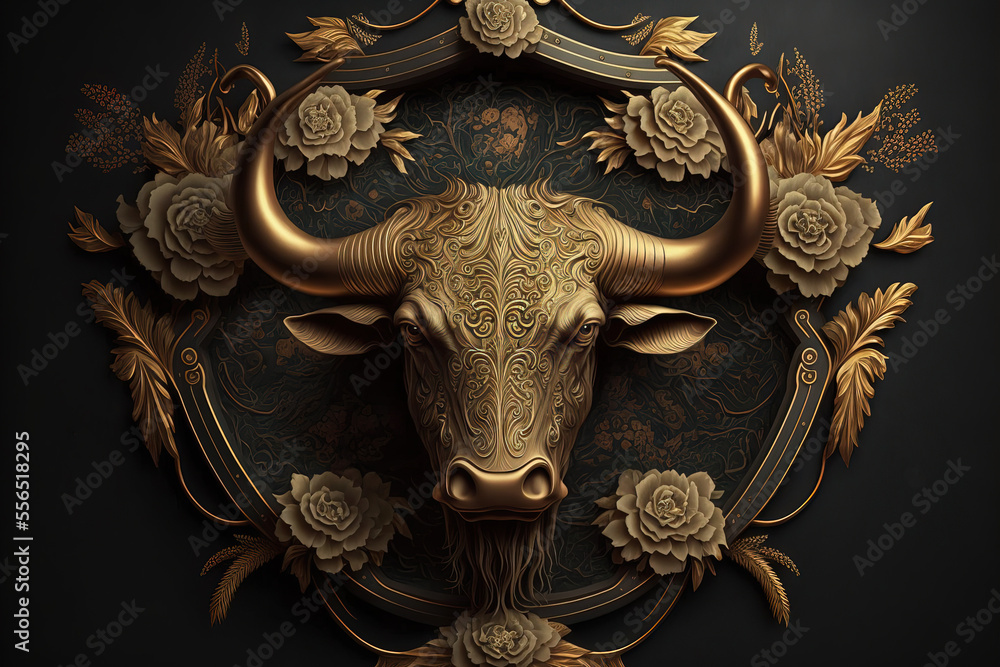 Stylized ornate bull, tree, flowers, carving. sketch art for artist creativity and inspiration. generative AI	
