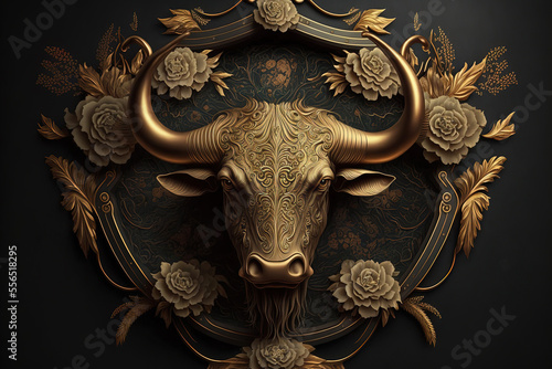 Stylized ornate bull, tree, flowers, carving. sketch art for artist creativity and inspiration. generative AI 