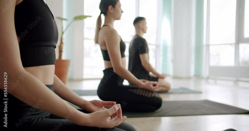 Tilt down handheld shot of calm female in black activewear gesturing gyan mudra and closing eyes while meditating in Thunderbolt pose during group yoga session in light studio Tilt down handheld shot of calm female in black activewear gesturing gyan mudra and closing eyes while meditating in Thunderbolt pose during group yoga session in light studio