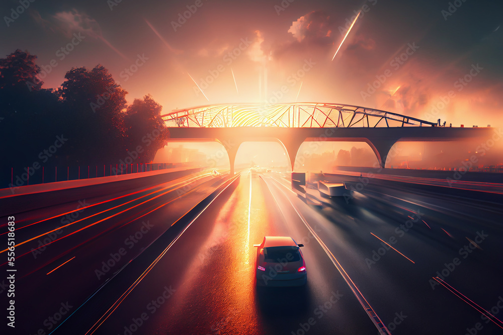Futuristic city with ultra speed highways, ai illustration