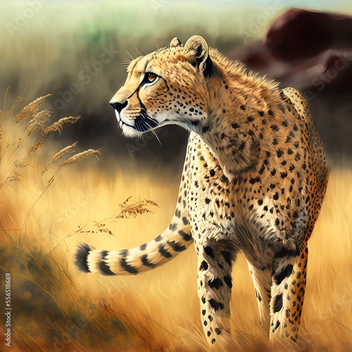 Fotobehang Cheetah stalking fro prey on savanna, digital art. AI