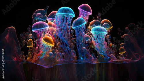glowing sea jellyfishes on dark background, neural network generated art