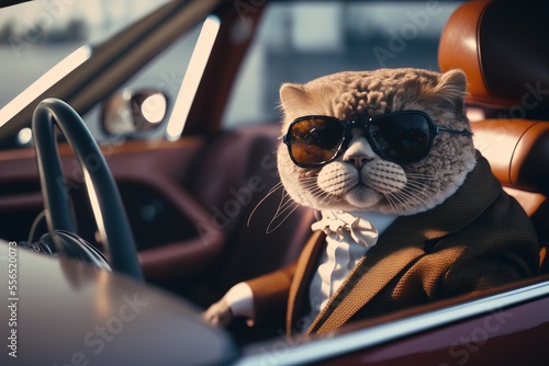 Cat wearing sunglasses driving car. Generative AI photo
