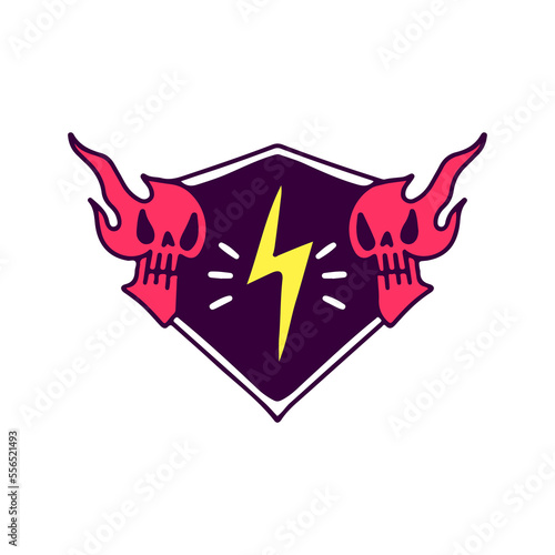 Burning skull head and thunder symbol cartoon, illustration for t-shirt, sticker, or apparel merchandise. With modern pop style.