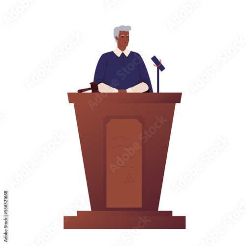 Black woman judge at the tribune in court. Female character judge reading a sentence. Legal system, concept. Flat vector illustration.