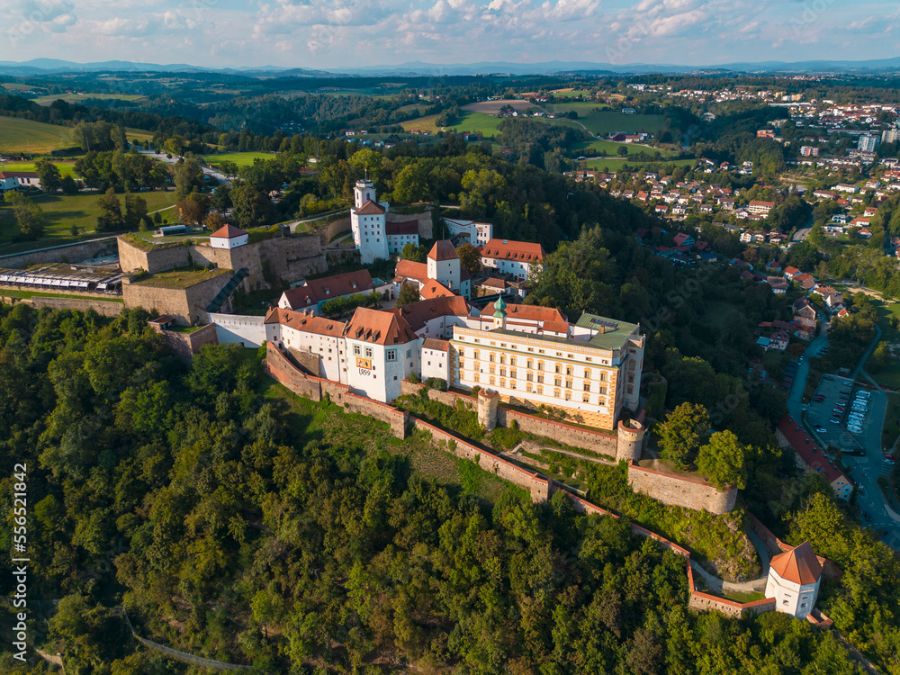 Aerial view of Fortress Veste Oberhaus on a hilltop  on the Donau river in Passau in summer, Passau Germany